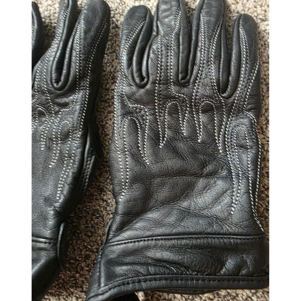 Womens Leather Black Motorcycle Riding Gloves Size Medium Flame Design